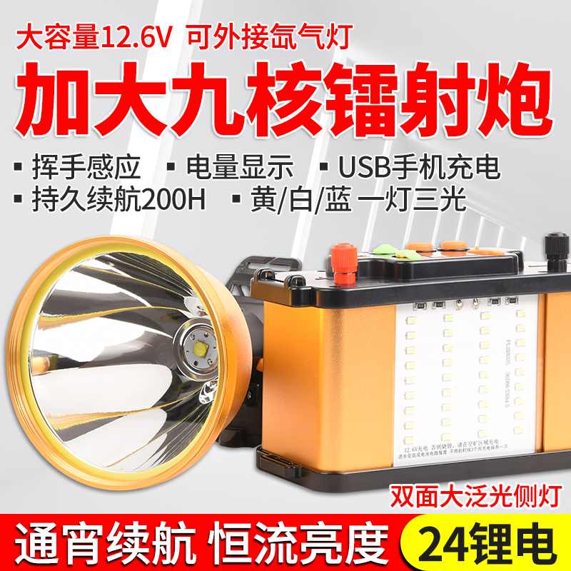 24锂电头灯强光充电超亮9核远射头戴式电筒超长续航12V疝气灯户外