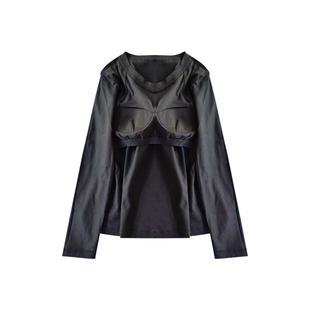 大码带胸垫v领长袖t恤女修身内搭打底衫白色瑜伽免穿文胸罩杯上衣