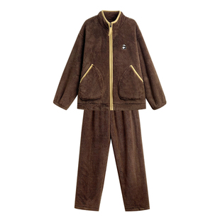 文森熊猫冬季新款双面珊瑚绒加厚睡衣女宽松慵懒毛毛家居服可外穿
