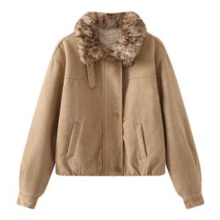 慕兔复古加绒立领皮毛一体外套女2025冬季新款加厚仿麂皮夹克上衣
