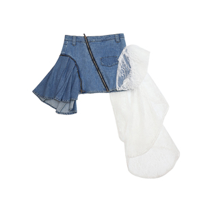 哟酷酷（偏爱与执着）夏季美式不规则牛仔半身裙女蕾丝拼接短裙女