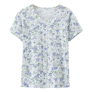 中老年妈妈纯棉睡衣上衣女款夏季夏装家居服薄款中老年人短袖新款