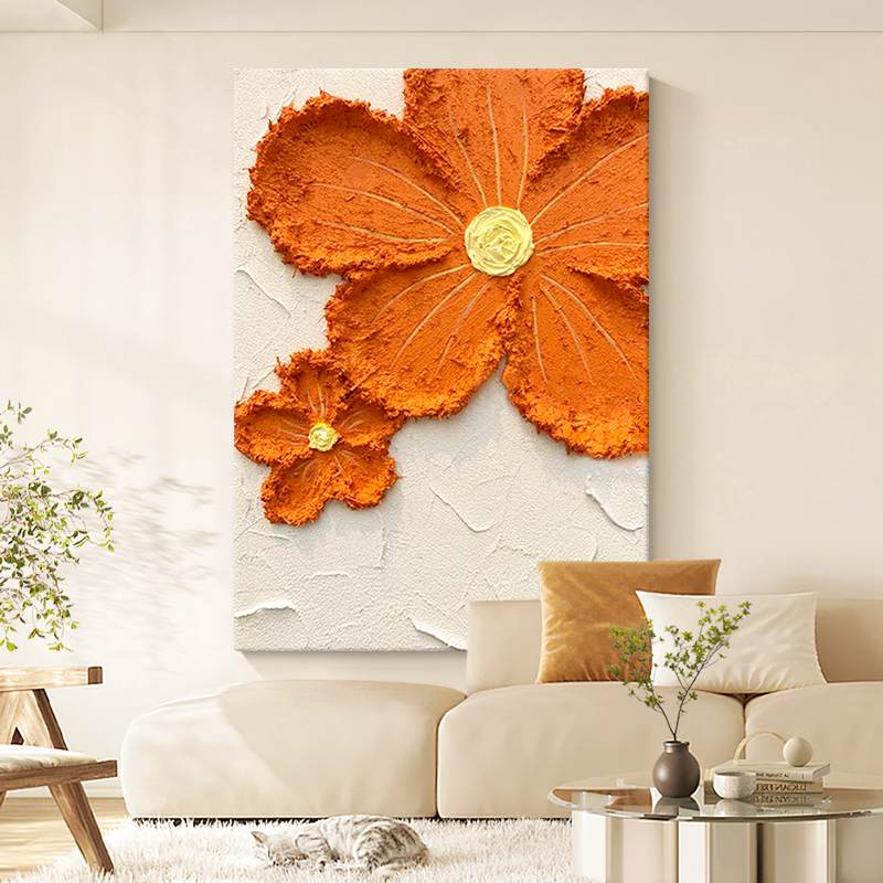 纯手绘油画橙色花卉客厅装饰画极简风格玄关沙发背景墙奶油风挂画