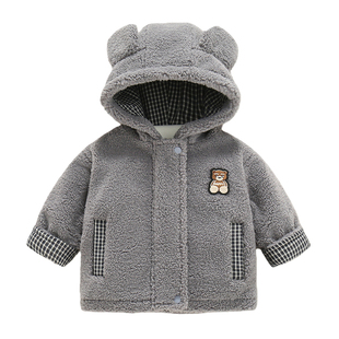 宝宝冬装羊羔绒连帽外套儿童冬季加绒加厚卡通保暖棉服洋气1一4岁