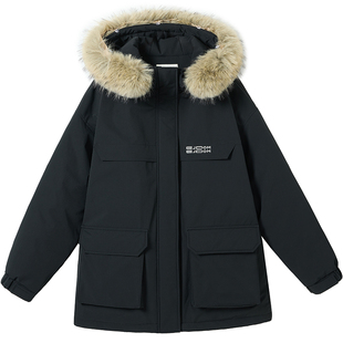 工装风短款羽绒服初中学生女连帽大毛领90白鸭绒保暖外套冬季加厚