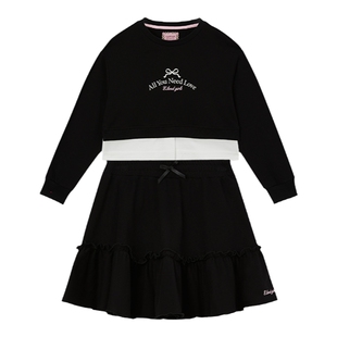 eland kids衣恋童装女童套装春秋季学院风印花高腰假两件T恤短裙