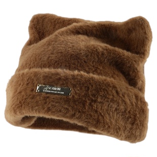 韩国新款可爱猫耳朵仿貂毛针织帽冷帽毛线帽子女时尚百搭包头帽潮