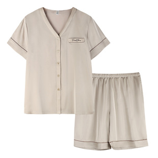 轩靓情侣睡衣女款夏季冰丝短袖短裤仿真丝绸可外穿男士家居服套装