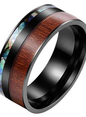 新款指环9MM宽相思木加鲍鱼贝男士钛钢不锈钢钛钢手饰品首饰太钢