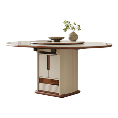 岩板伸缩餐桌可变形圆桌带电磁炉火锅一体中古奶油风多功能饭桌