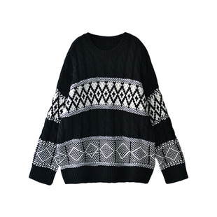 M3769C文艺休闲复古织花经典黑白撞色宽松圣诞加厚大毛衣米兰宣言