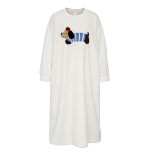 轩靓半边绒睡裙女秋冬季加绒加厚睡衣珊瑚绒可外穿小狗大码家居服
