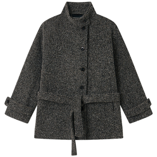 Halo Luu 灰色羊毛大衣女冬加厚高级设计感短款立领收腰毛呢外套