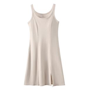 361带胸垫连衣裙连身裙子吊带背心打底一体长款睡裙女黑灰色夏季