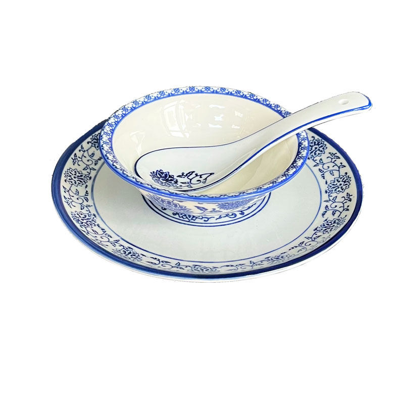 陶瓷复古风中式缠枝莲青花瓷餐具餐厅摆台四件套直口饭碗杯勺盘子