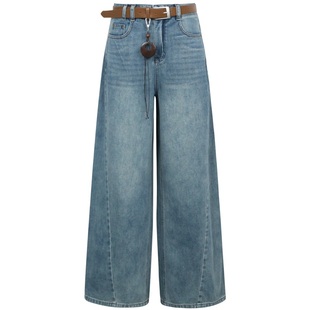 朵以2026春季新款复古阔腿裤挂件侧缝分割线条宽松牛仔长裤子女