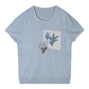 鼎成麻业专柜夏季薄款 文艺休闲亚麻针织衫绣花短袖圆领T恤女8183