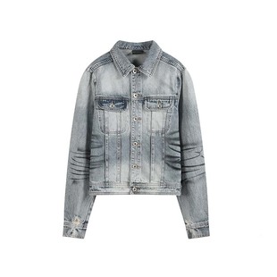 noEmosen(noE)'KNIGHT'喷色浅蓝洗水虎纹猫须割破修身牛仔夹克