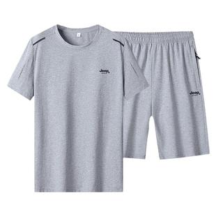 吉普JEEP中老年运动套装男士夏天纯棉短袖中年爸爸夏装休闲运动服