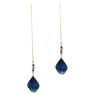 YOUR EARS原创设计蓝色复古中国风古典长款绒花非遗耳线旗袍耳饰