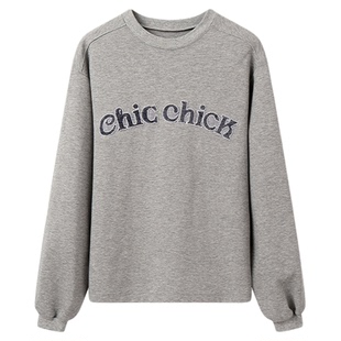 ChicChick时髦小鸡新品美式复古 重工珠绣灰色学院风字母宽松卫衣