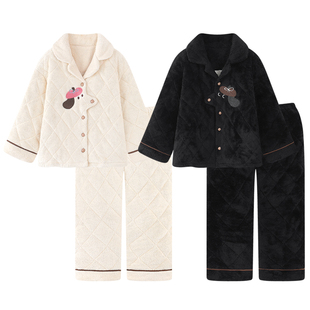 卡通三层夹棉睡衣情侣装一男一女冬季加厚款保暖珊瑚绒家居服冬天