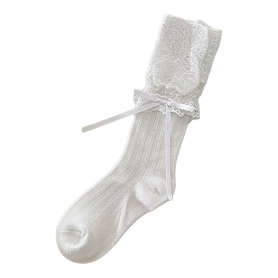 多嘴驴Donkey白色蕾丝中筒袜女芭蕾风蝴蝶结miu系玛丽珍花边长袜