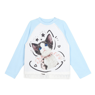 NORNOR陈大猪童装女童长袖t恤春季新款甜美蕾丝边儿童印花上衣