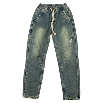 冬季复古水洗加绒牛仔裤男潮牌宽松哈伦裤加厚松紧腰百搭直筒长裤