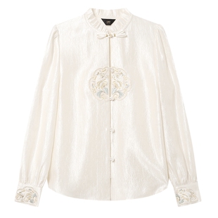 白鹿语新中式盘扣绣花衬衣春季新款木耳边小立领光泽感衬衫女