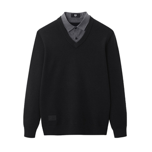 HLA/海澜之家翻领保暖针织衫2025冬季新纯色爸爸双领假两件毛衣男