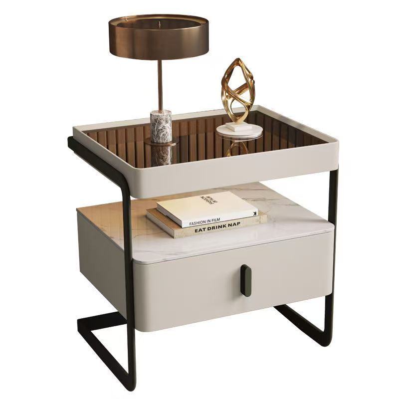 实木钢化玻璃岩板智能床头柜置物床头柜