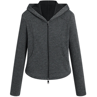 KBNE复古磨毛条纹正肩连帽卫衣女装2025冬季新款短款长袖灰色外套