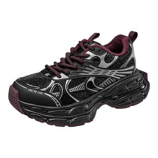 YRC老爹鞋女款秋冬新款厚底增高黑色加绒百搭运动鞋跑步鞋