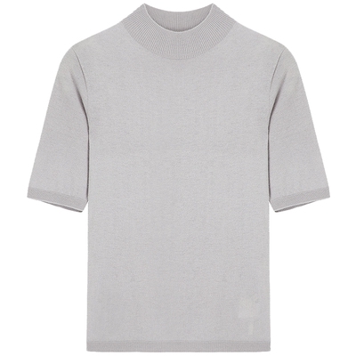 布景短袖针织衫女春季新品简约气质半高领羊毛衫纯羊毛上衣1112