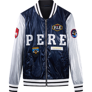 BM男士条纹立领棒球服外套印花刺绣亮面皮夹克男潮牌复古欧美街头