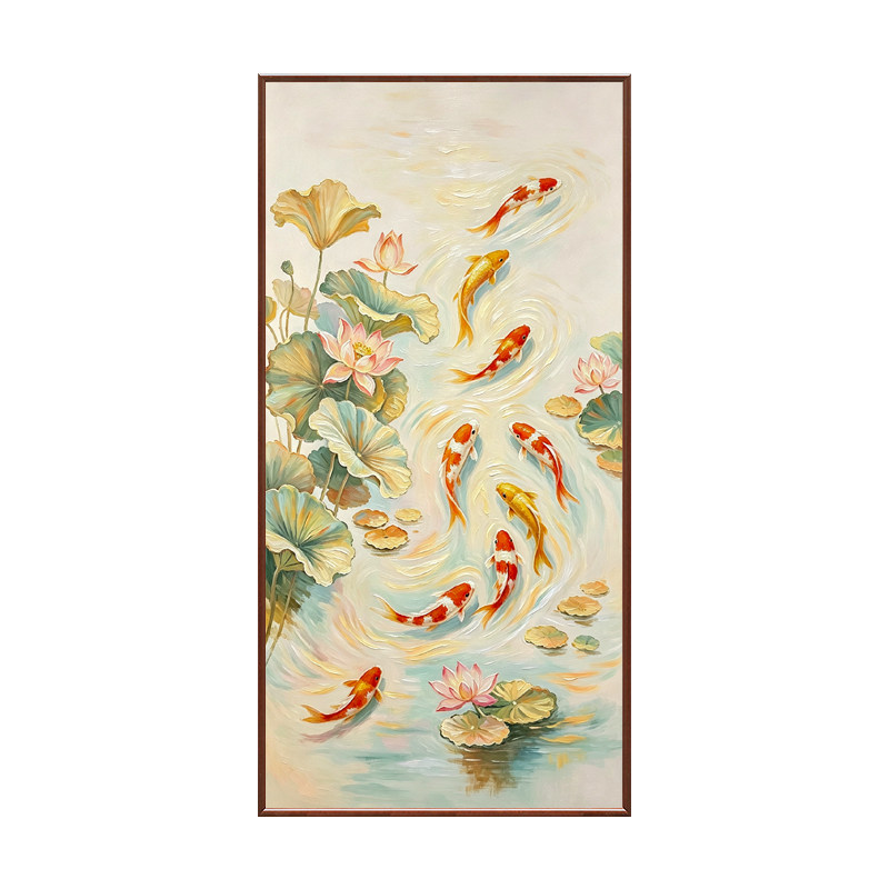 《九鱼图》手绘油画中古风荷花锦油画
