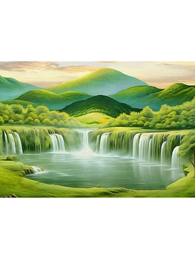 聚宝盆山水画客厅沙发背景挂画流水生财绿色靠山图瀑布风景装饰画
