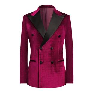 本派金丝绒西装外套男新郎结婚双排扣戗驳领酒红色西服塔士多礼服