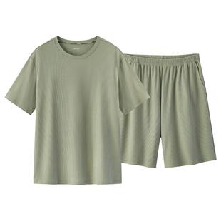 松山棉店小薄荷罗纹睡衣短袖家居服套装男睡裤大码可外穿父亲节夏