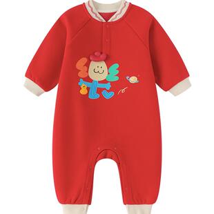 巴拉巴拉童装宝宝连体衣新生婴儿男衣服女2026新款红色加绒上衣萌