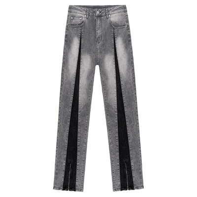 PilotGragon双色裤脚拉链牛仔裤