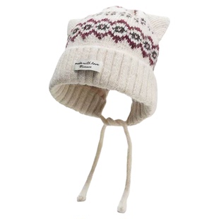 费尔岛风帽子甜美可爱猫耳朵针织护耳帽女冬季加厚加绒保暖雷锋帽