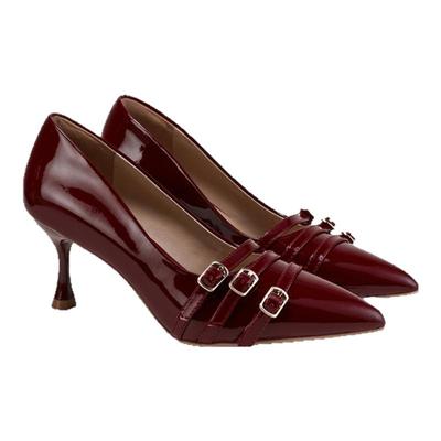 fed尖头高跟鞋春季新款女鞋酒红色单鞋皮带扣真皮鞋S0306-YSA305