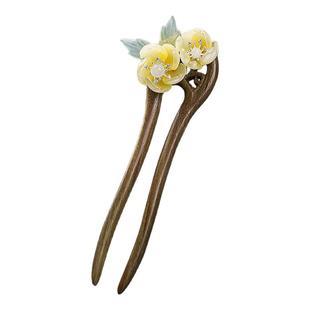 绿檀木U型发簪2025新款高端气质旗袍配饰国风新中式花朵簪子U形