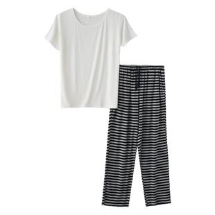 简约睡衣女夏季莫代尔薄款白色短袖T恤条纹长裤家居服套装可外穿