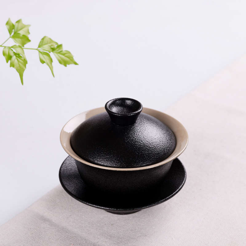 黑陶盖碗陶瓷茶碗敬茶碗功夫茶具茶杯粗陶三才手抓碗家用泡茶器