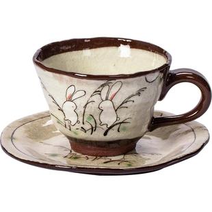 日本进口复古织部樱花秋草兔套杯手工陶瓷茶杯咖啡杯子配小碟子
