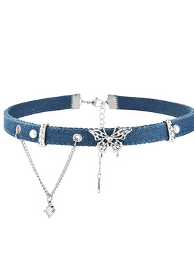 原创设计丹宁蓝色牛仔蝴蝶结项链