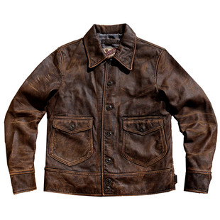 1920S美式复古重水洗做旧擦色孟加拉茶芯小牛皮真皮衣短款皮夹克